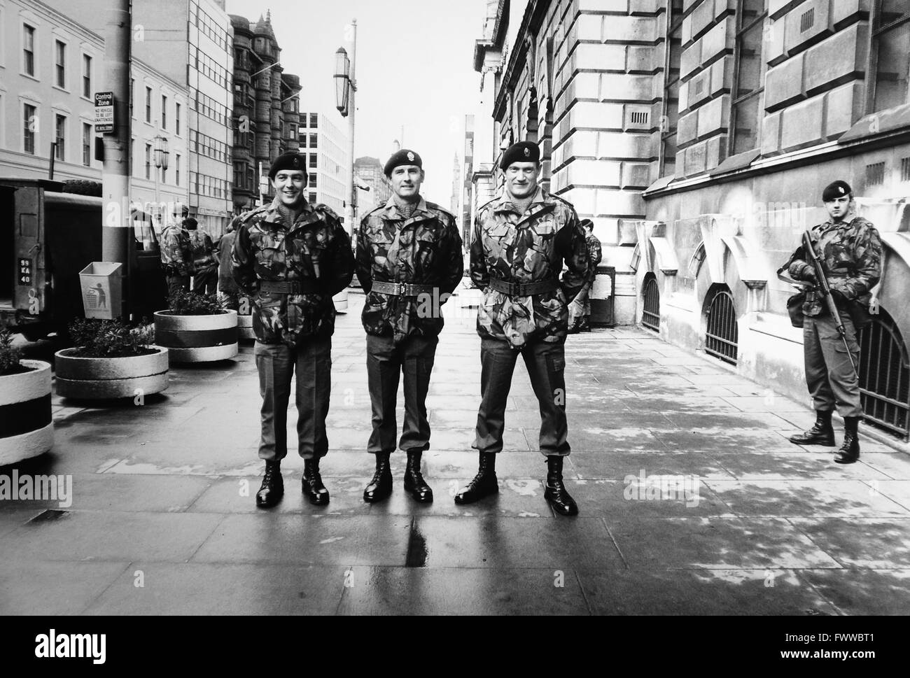 Northern Ireland 1984 - Lieutenant-colonels David Beveridge , Mike Constantine and Paddy Panton all from battalions of The Queen's Regiment at a rare parade outside Belfast City Hall in 1984 Stock Photo