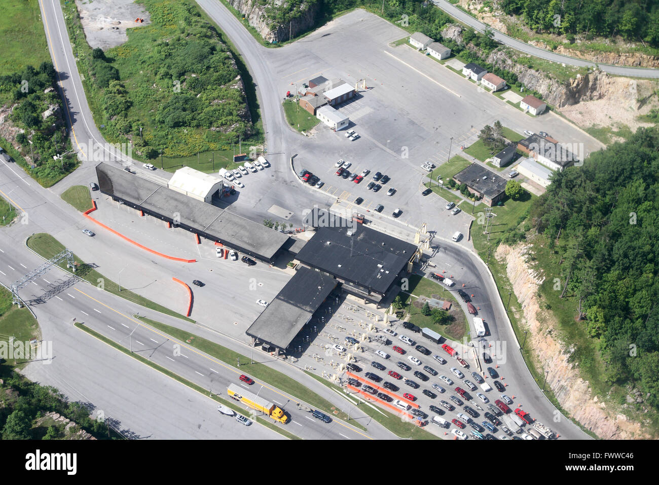 The aerial view of the U.S. border at the 1000 Islands crossing between Canada and the U.S., on