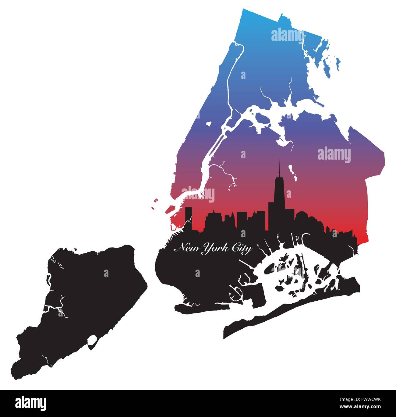 new york city map black, red and blue silhouette Stock Vector