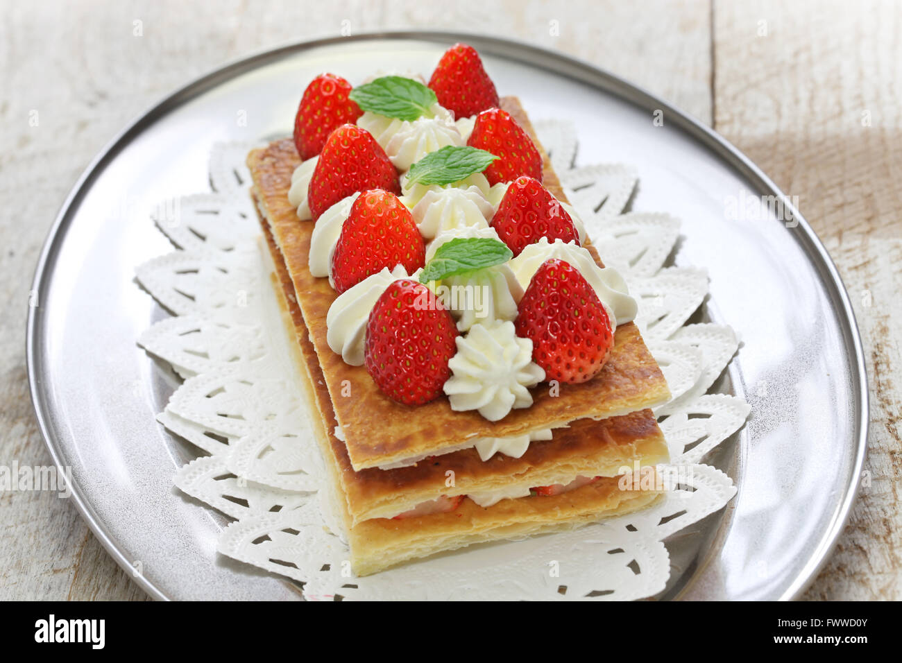 homemade strawberry mille feuille, Napoleon pie, french pastry Stock Photo