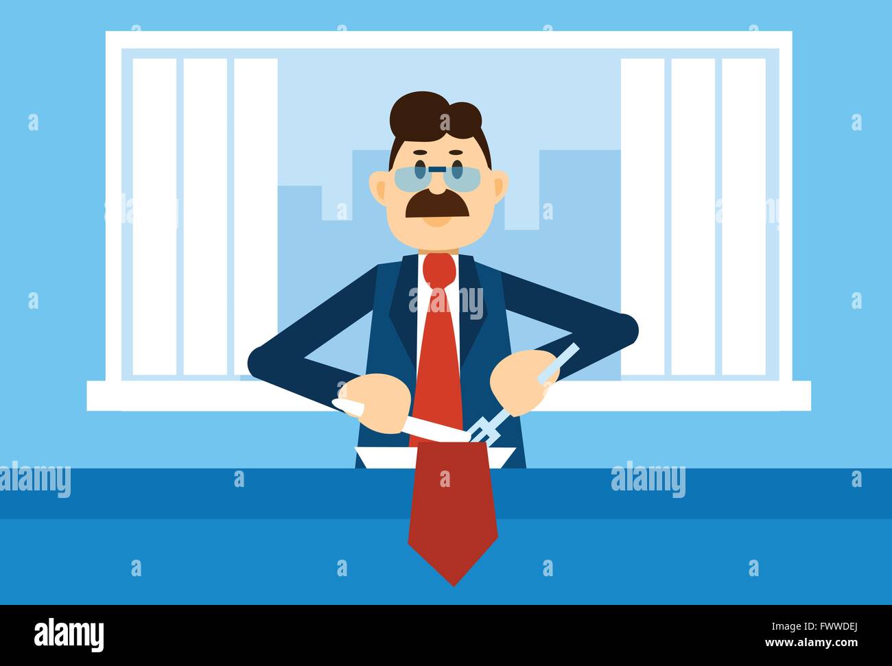 Busy Business Man Cut His Tie On Plate Concept Stock Vector