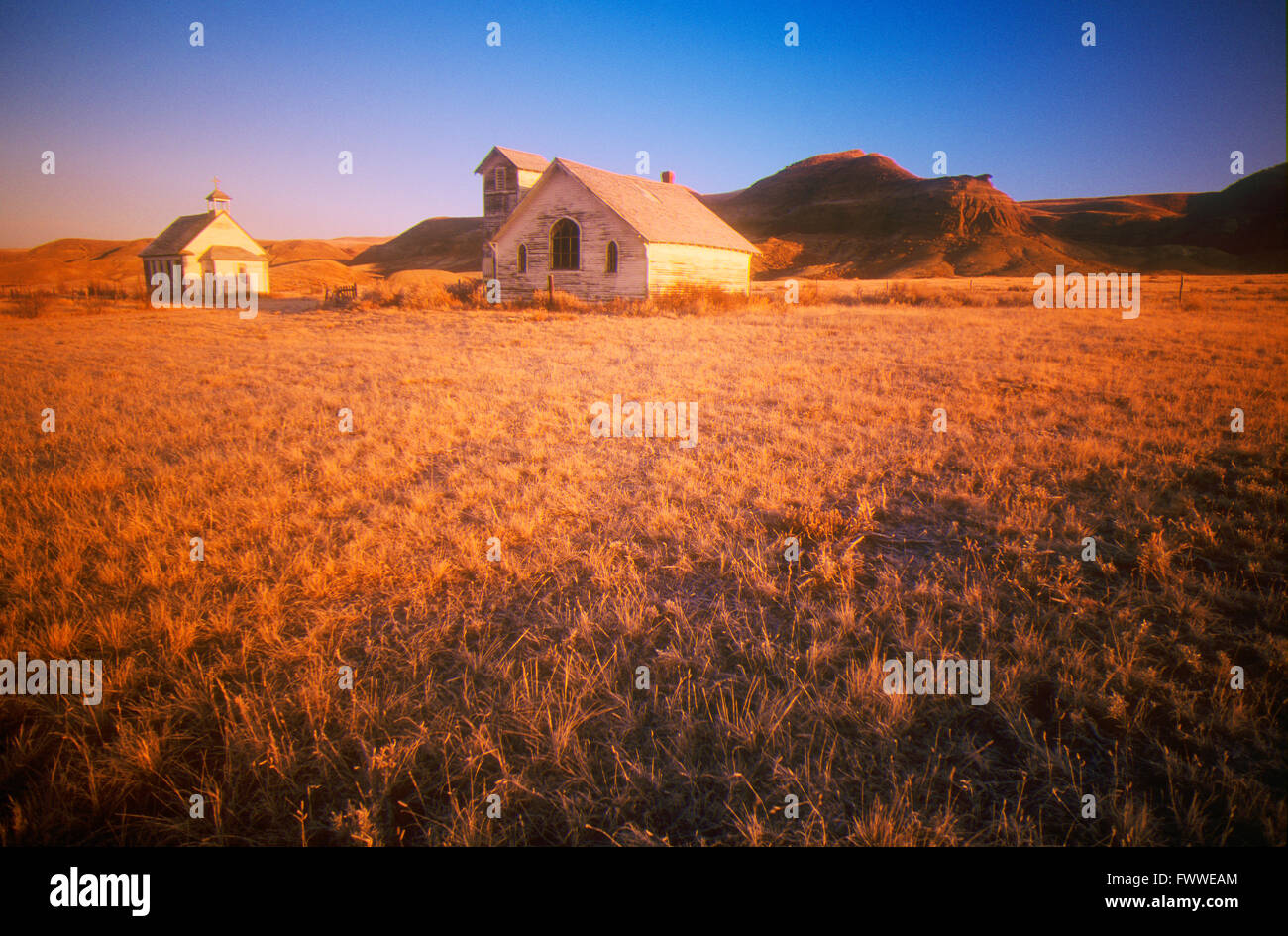 Abandoned Church and School, Dorothy, Alberta, Canada Stock Photo