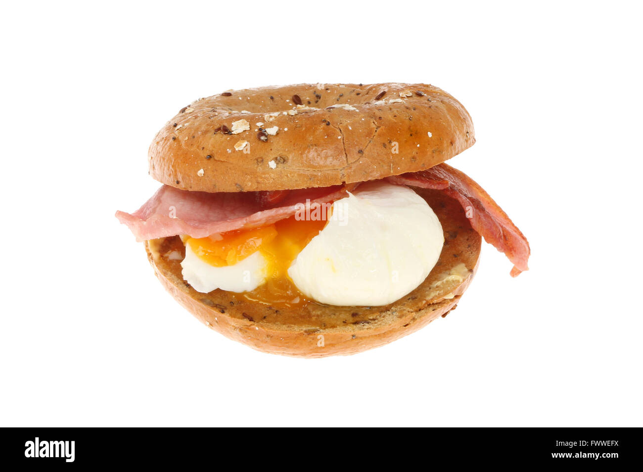 Bacon and poached egg bagel isolated against white Stock Photo
