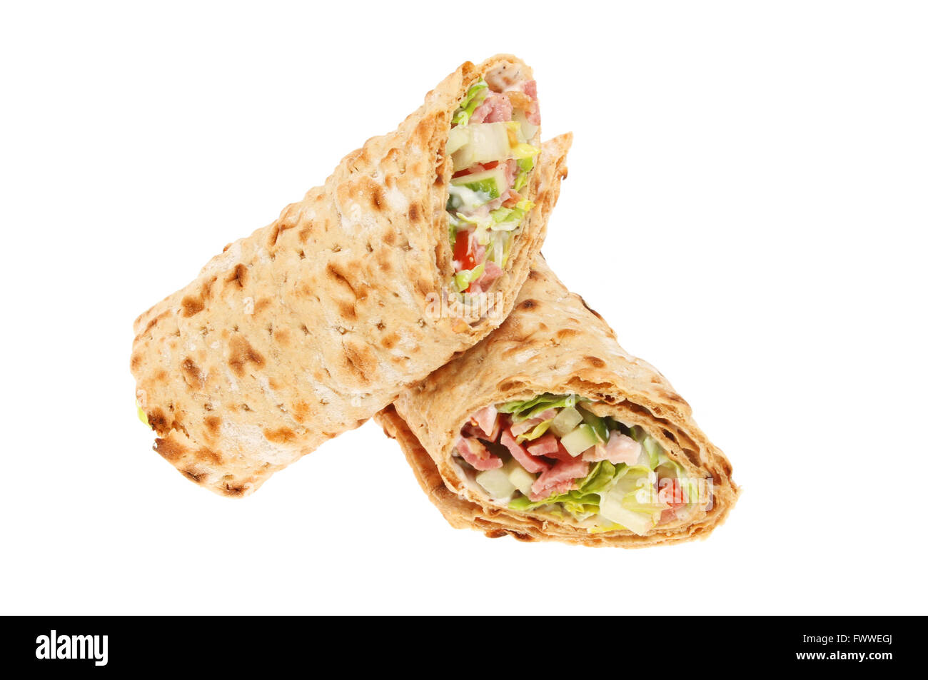 Brown bread bacon lettuce and tomato sandwich wraps isolated against white Stock Photo Alamy