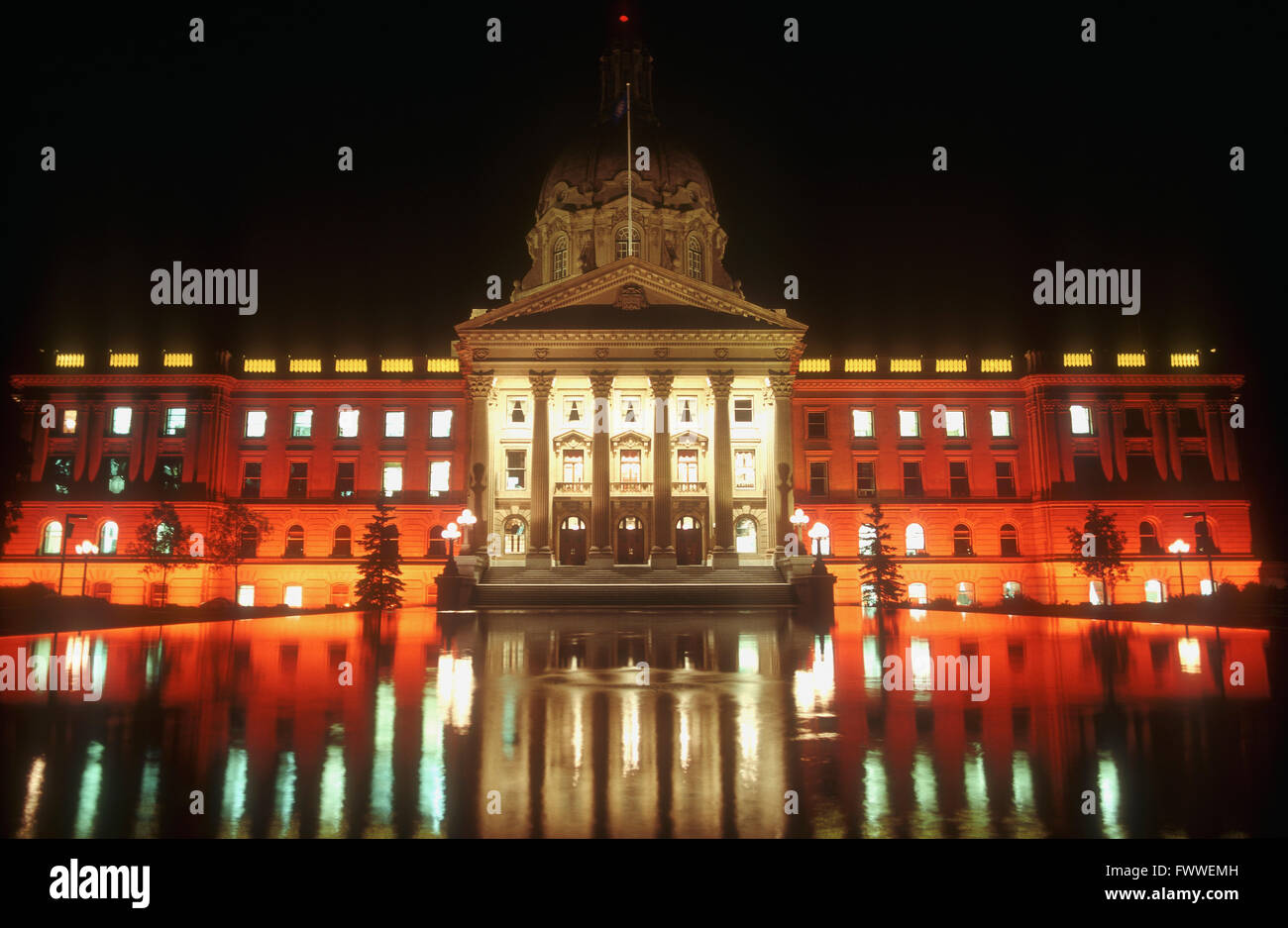 Alberta Legislature Building and Fountains at Night, Edmonton, Alberta