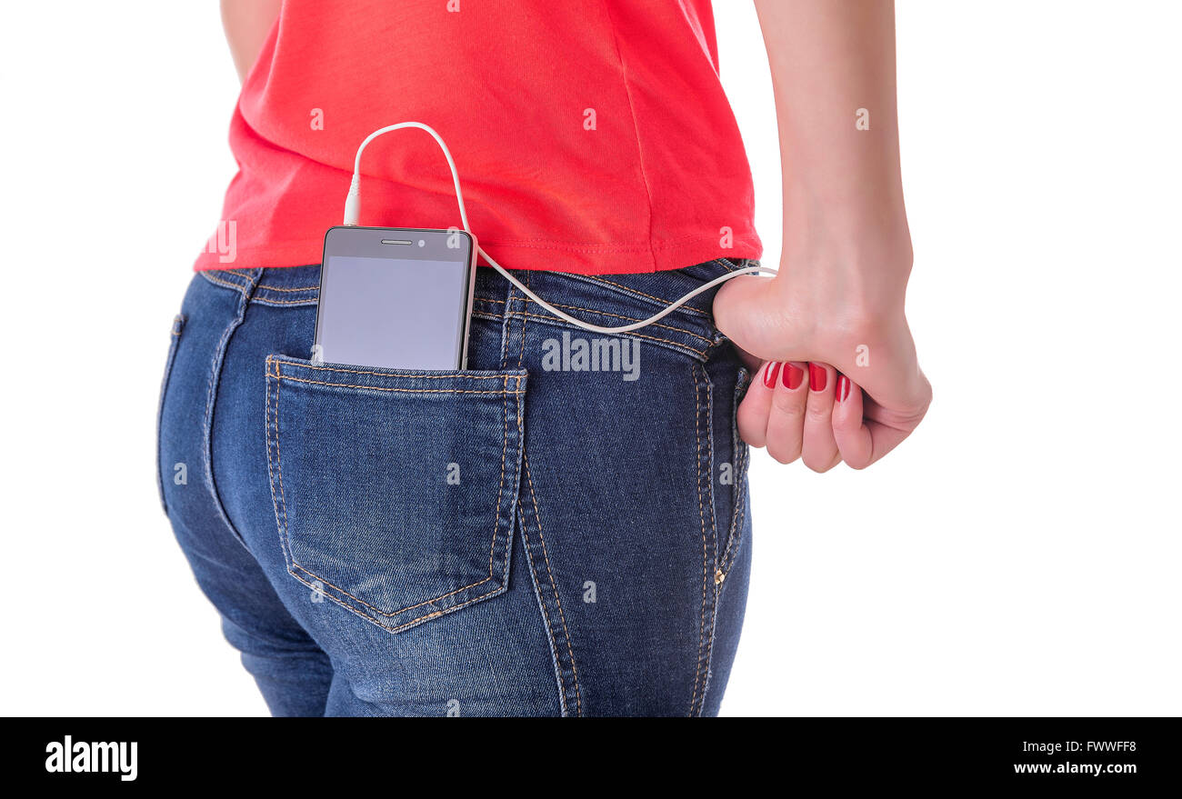 Girl listening to music in your phone. Silhouette on a white background. Stock Photo