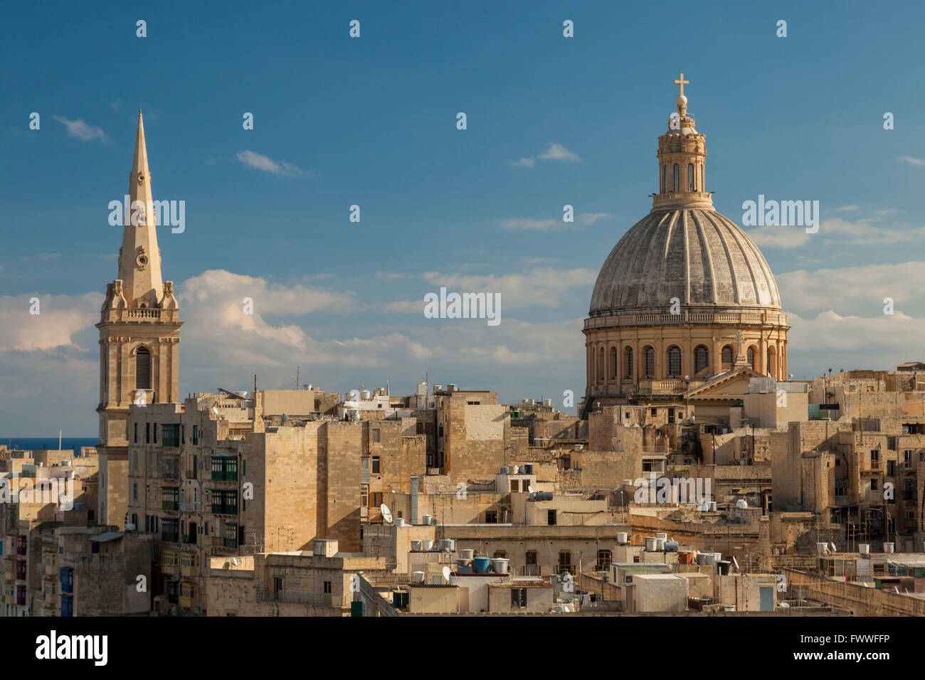 Skyline of Valletta, Malta. Iconic Carmelite church dome. Stock Photo