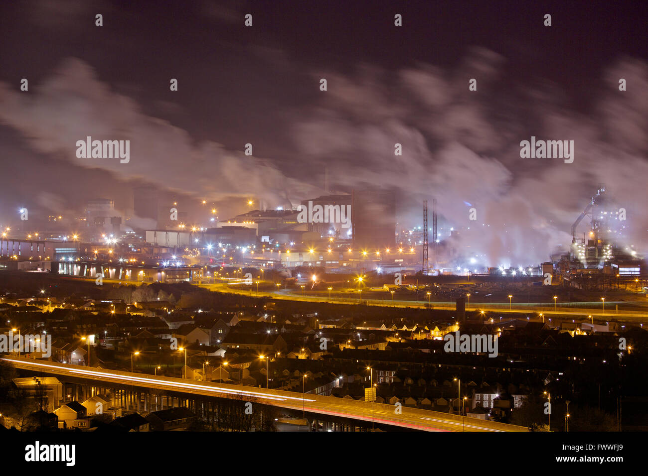 Tata Steel works, Port Talbot, South Wales, UK. Night scene at Port Talbot steelworks, South Wales UK. Stock Photo