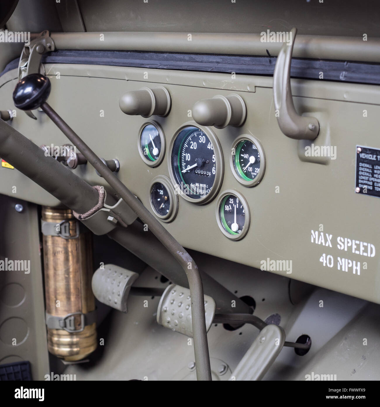Dashboard detail of an old military jeep of World War II. Stock Photo