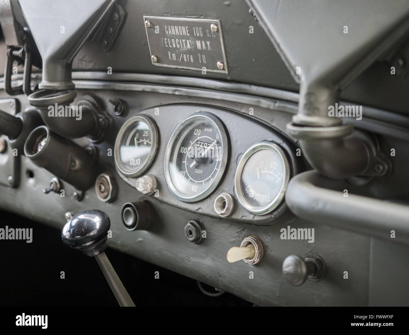 Dashboard detail of an old military jeep of World War II. Stock Photo