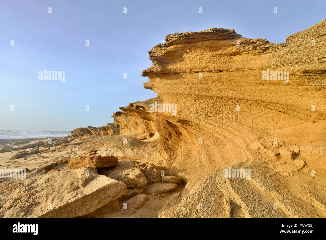 Rock formation on the coast, beach at Portu Maga, Costa Verde, Sardinia, Italy Stock Photo