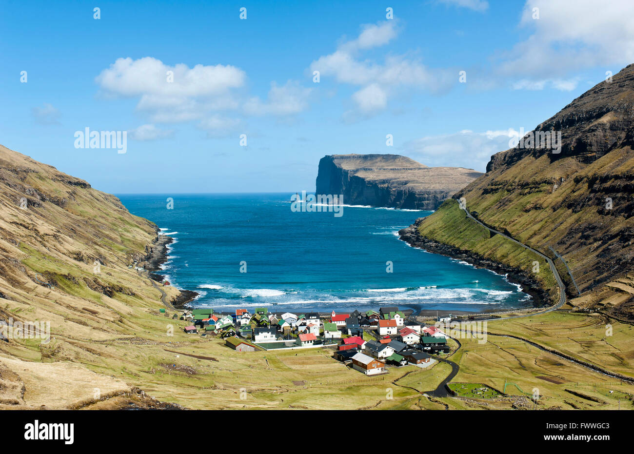 Overlooking Tjørnuvík or Tjornuvik, Streymoy, behind spiers Risin og ...