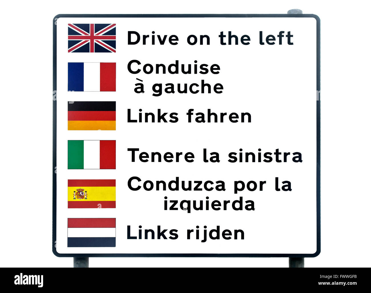 Multilingual warning sign for tourists lettering Drive on the left, Scotland, United Kingdom Stock Photo