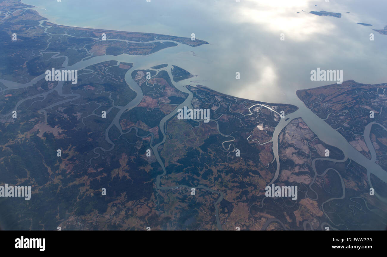 Aerial view, Irrawaddy River delta, Gulf of Martaban estuary, Andaman Sea, Myanmar Stock Photo