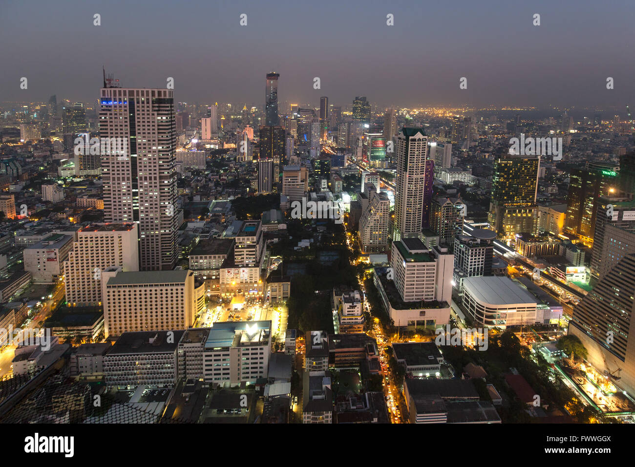 Panoramic view from the Sky Bar of Lebua State Tower on Bang Rak, Silom and Sathon district at dawn, Bangkok, Thailand Stock Photo