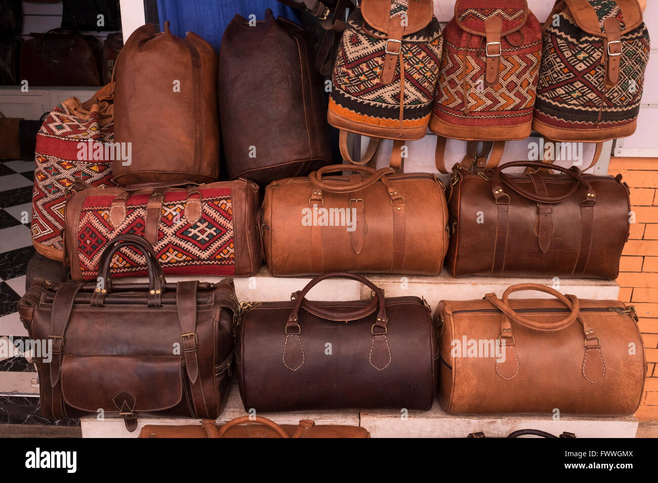 Leather bags for sale in the Medina in Marrakech, Morocco, North Stock Photo: 101980170 - Alamy