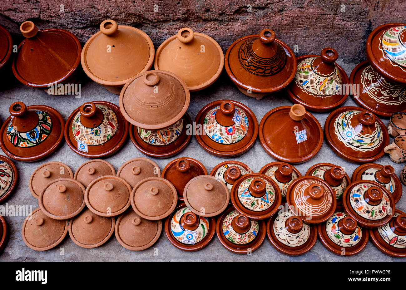 Tagine pots for sale in the Medina in Marrakech, Morocco, North Africa