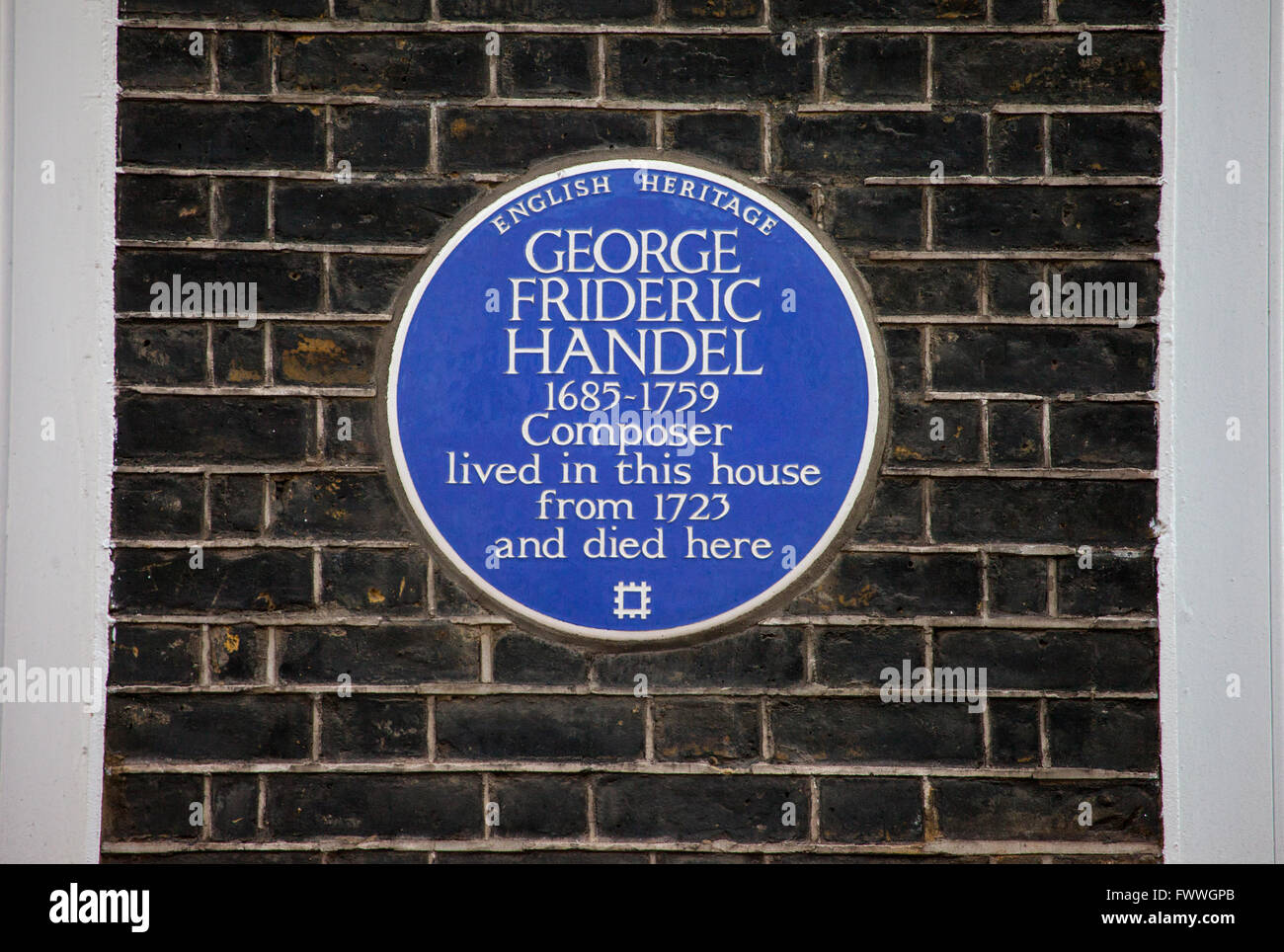 A blue plaque marking the location where iconic classical musician George Frideric Handel once lived in central London, England. Stock Photo