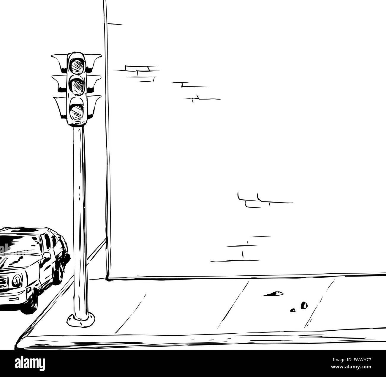 Background outline of blank cartoon brick wall and sidewalk with Stock