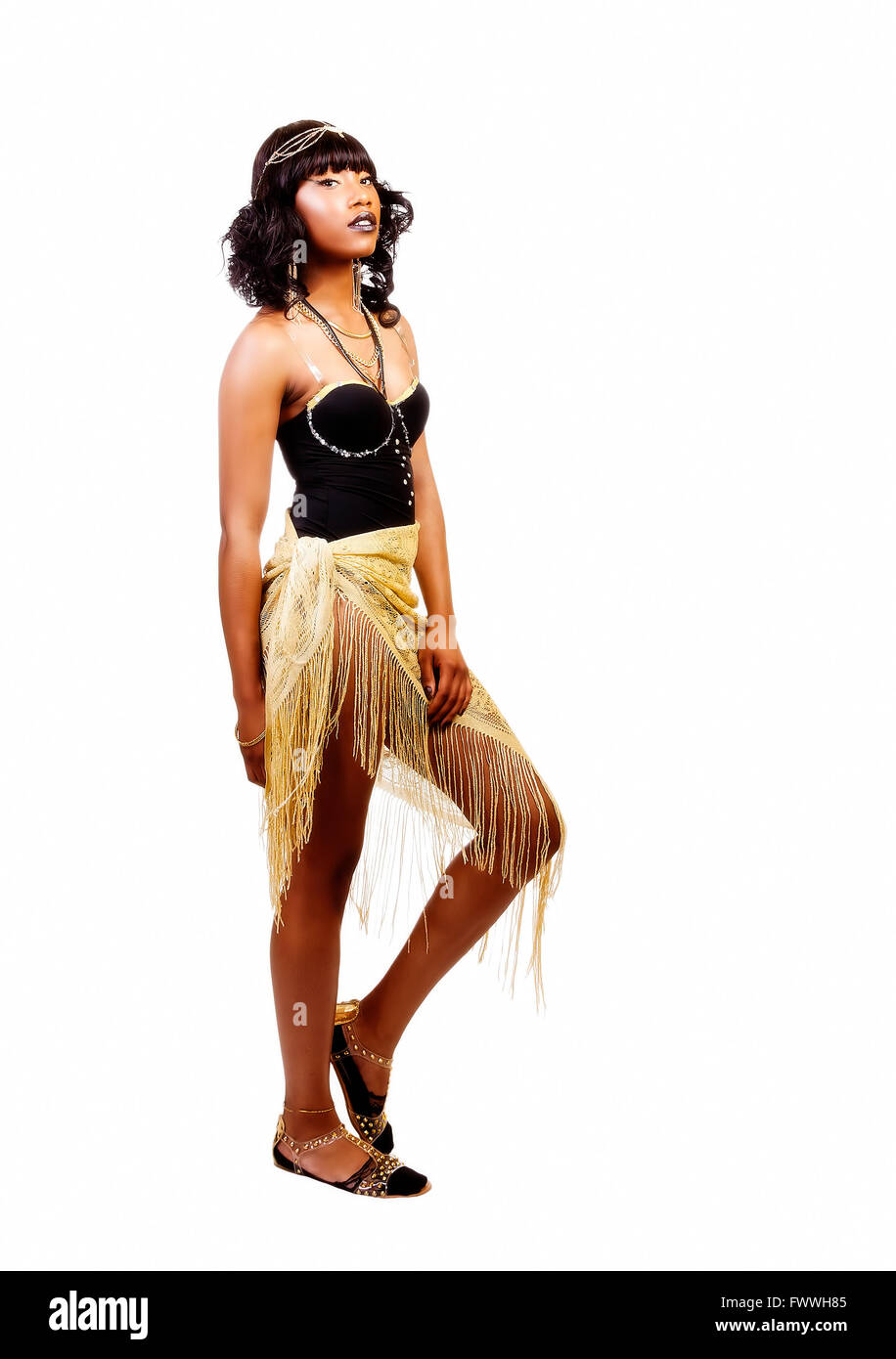 Skinny Attractive Black Woman Standing Leotards And Golden Wrap Stock Photo