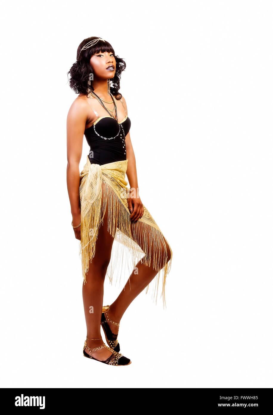 Skinny Attractive Black Woman Standing Leotards And Golden Wrap Stock 