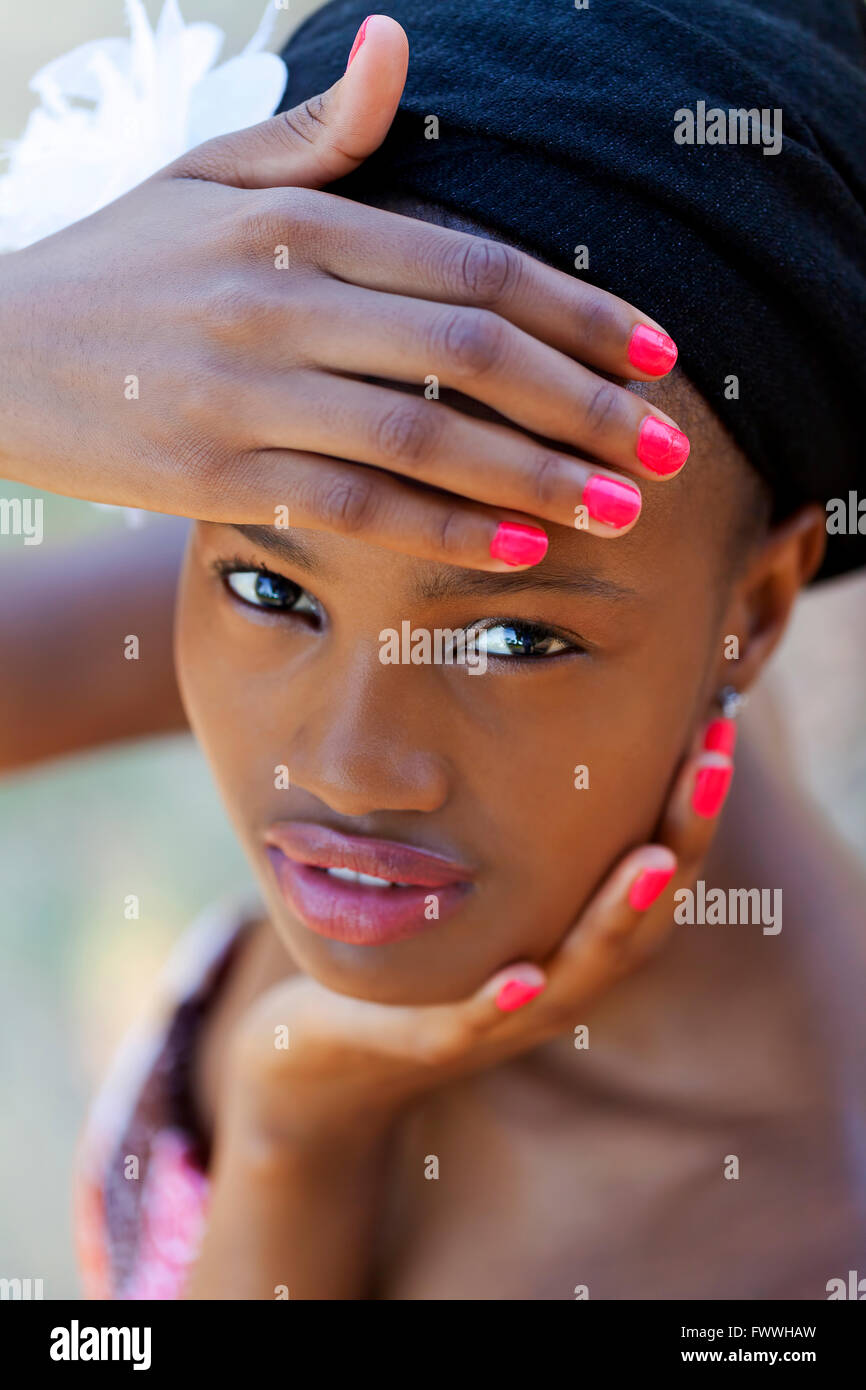 Young Black Teen Girl Outdoors Portrait Hands Stock Photo
