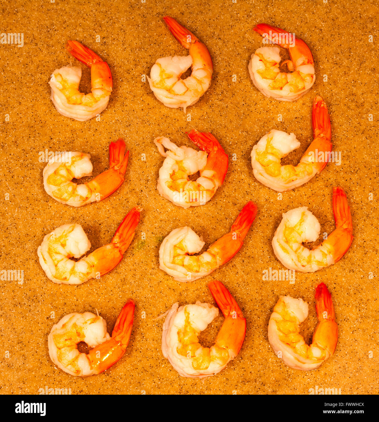 Arrangement Of Twelve Cooked Shrimp With Tails On Stock Photo