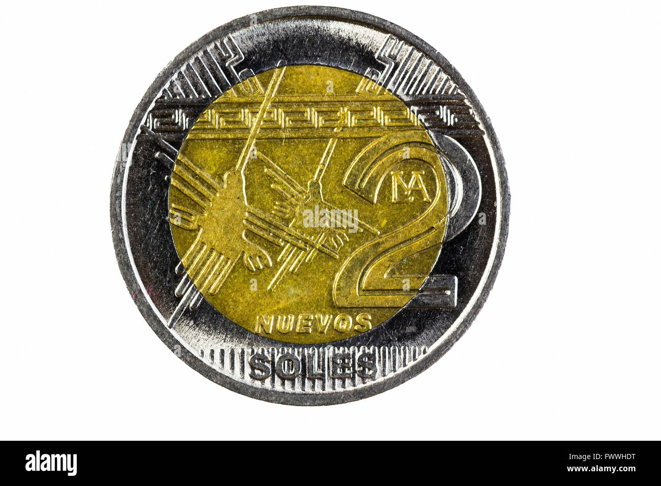 Peru Two Soles Coin Head Side Closeup Shot Stock Photo