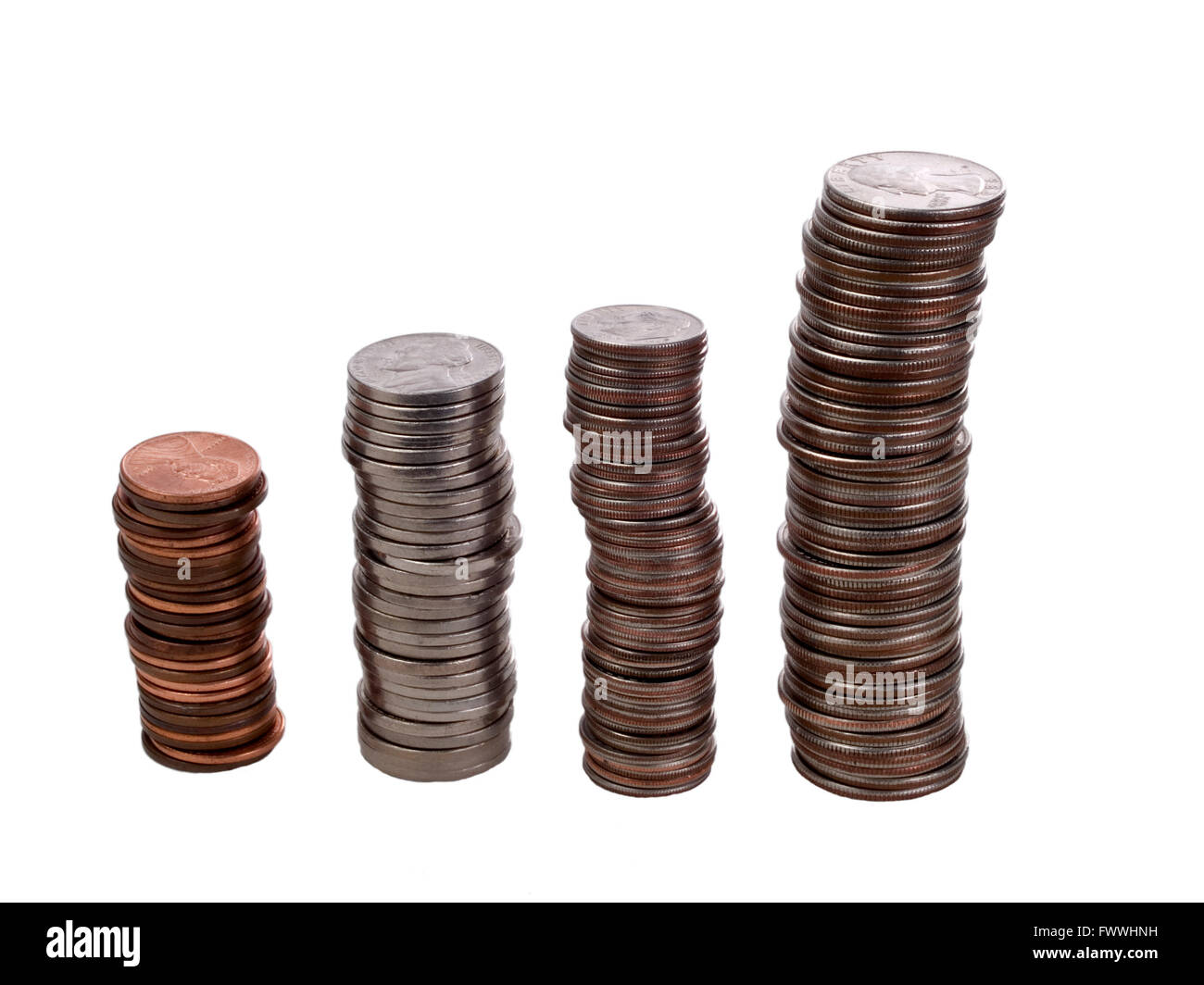 Stack of Pennies, Nickels, Dimes and Quarters showing growth Stock