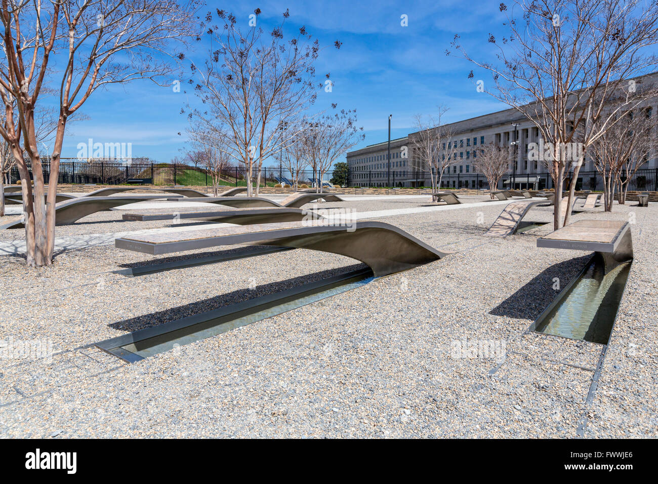 Pentagon Memorial, Arlington County, Virginia, USA.  Individual Memorials Each to a Single Victim.  Pentagon Building on Right. Stock Photo