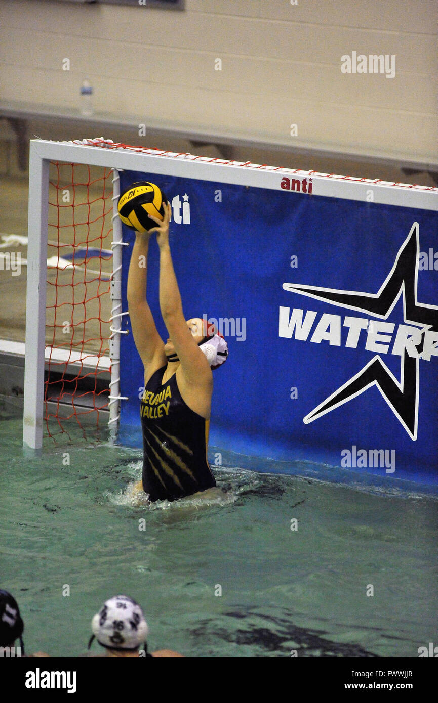 Goalie extending to make a save on an opponent's shot during a high