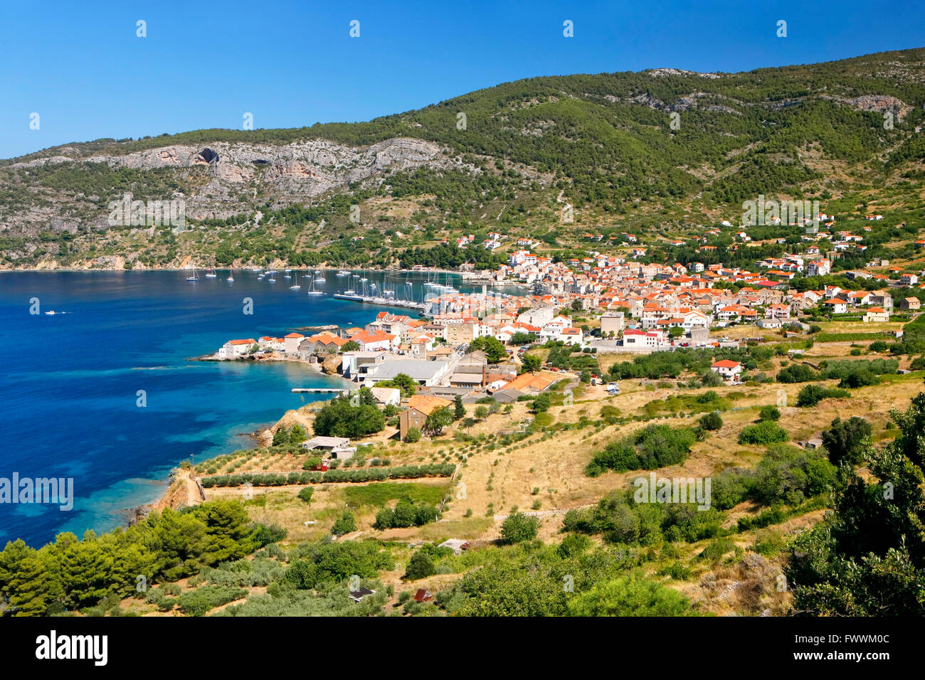 Komiza town on island Vis in Croatia Stock Photo