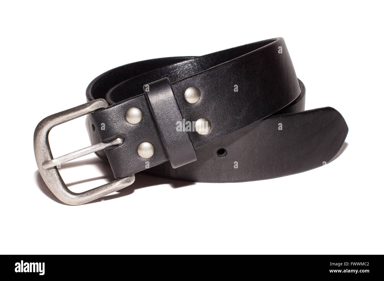 black leather belt with silver buckle isolate on white background Stock ...