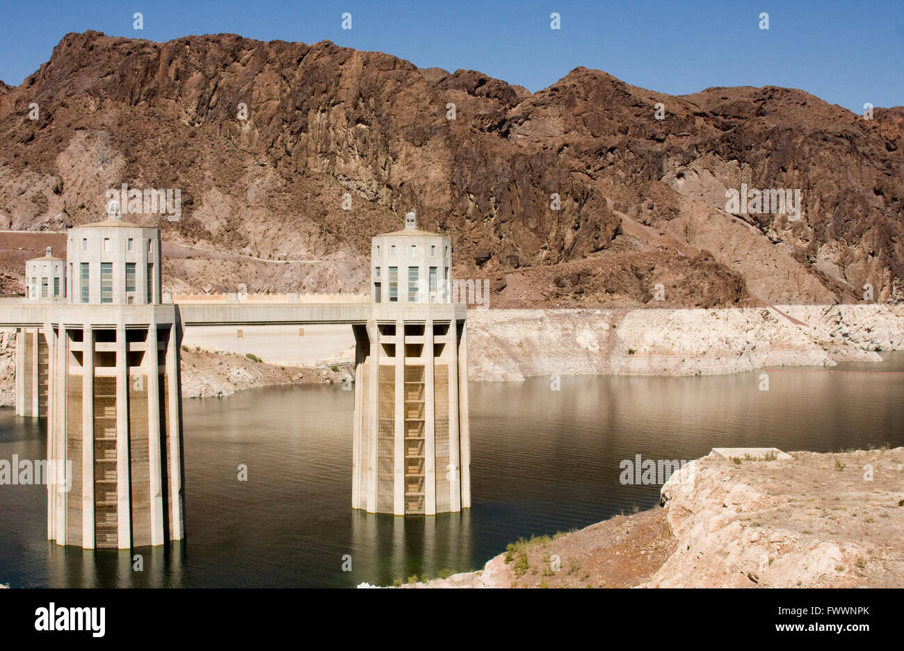 Hoover Dam intake stations showing low water levels Stock Photo Alamy