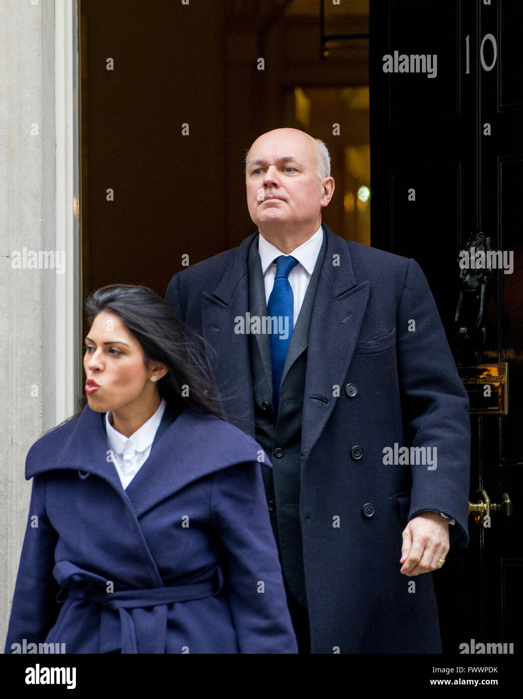 Cabinet Ministers and Members of Parliament arriving and departing the weekly Cabinet Meeting in Downing Street.  Featuring: Priti Patel MP, Minister of State for Employment and Iain Duncan Smith MP, Secretary of State for Work and Pensions Where: London, Stock Photo