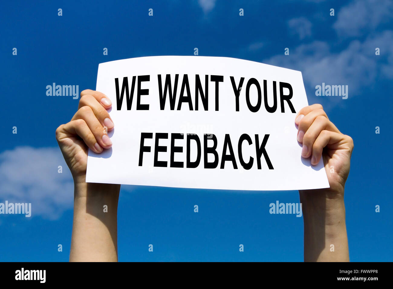 feedback concept, text with request of customer reviews and scores Stock Photo