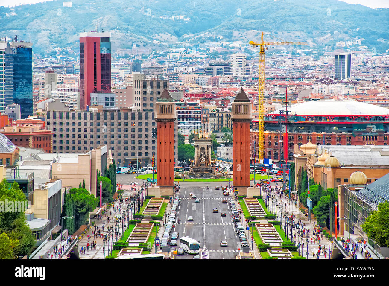 Venetian towers on Plaza de Espana on Montjuic in Barcelona in Spain. Placa Espanya is one of the most important and well-known Stock Photo