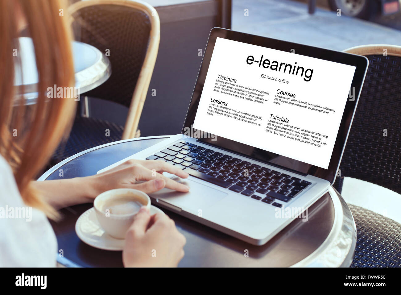 e-learning, education online concept, woman with laptop Stock Photo
