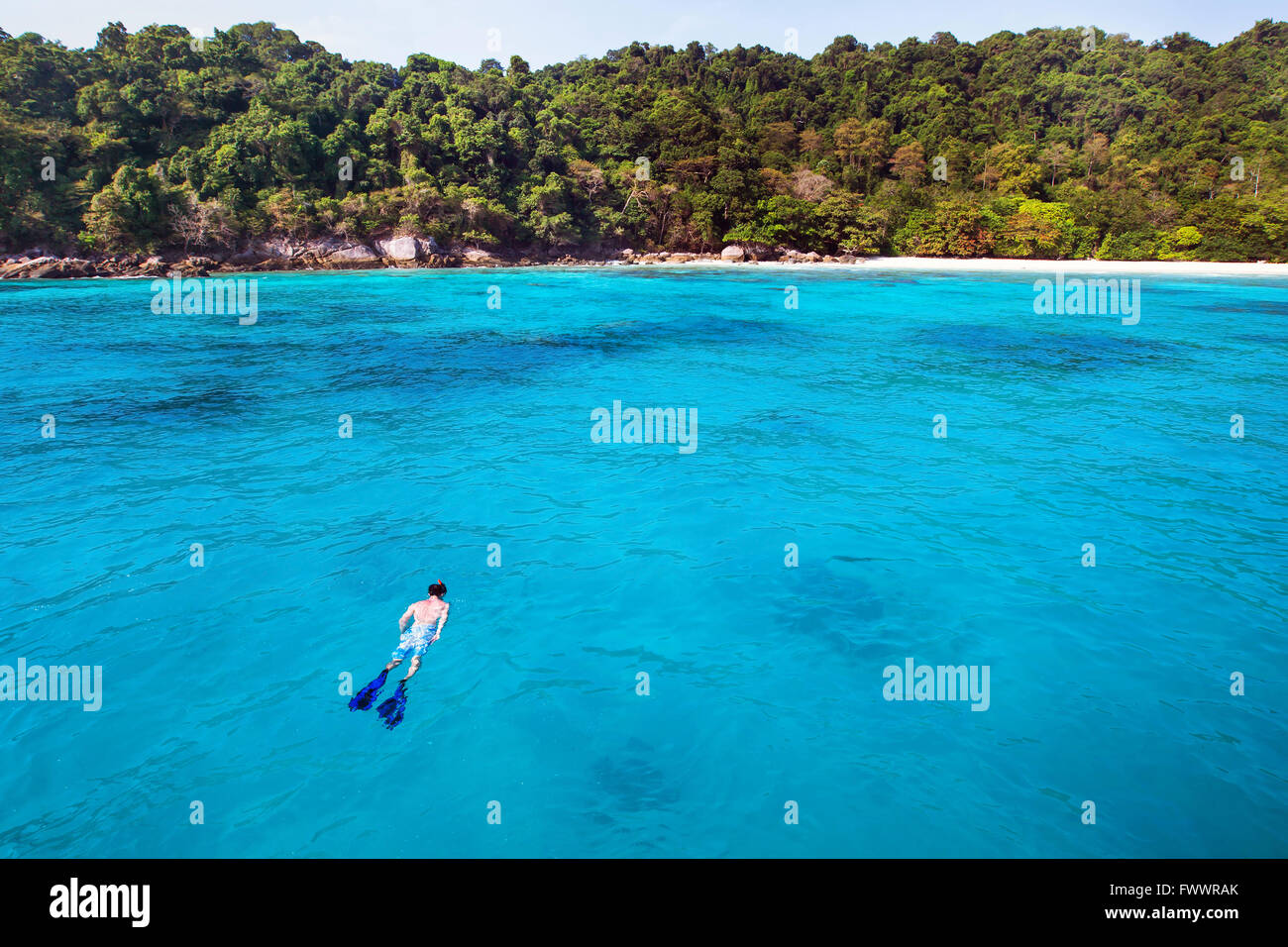 snorkeling background, swimming with mask and snorkel on paradise beach Stock Photo