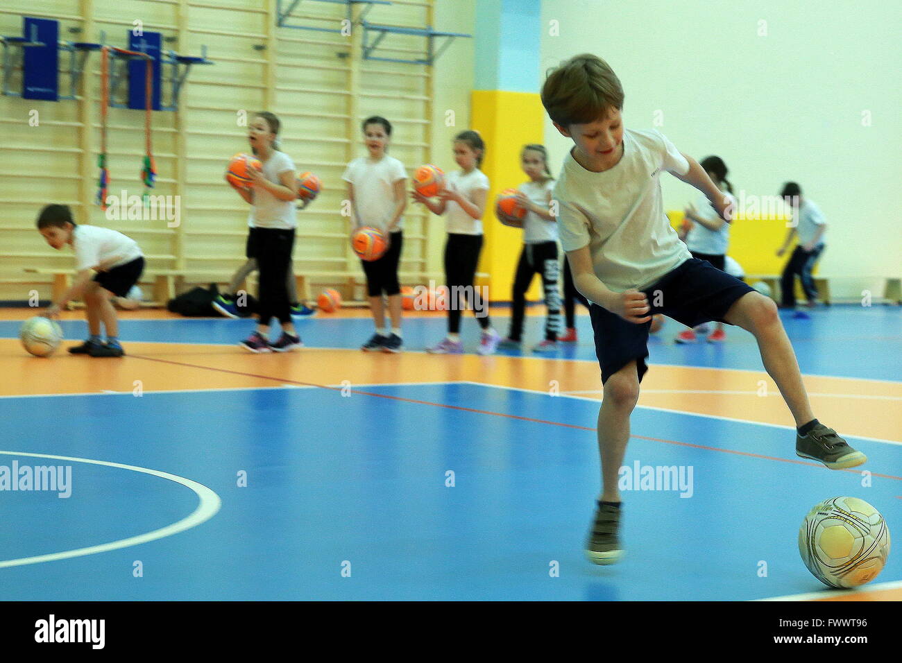MOSCOW, RUSSIA. APRIL 7, 2016. Primary school students doing Stock