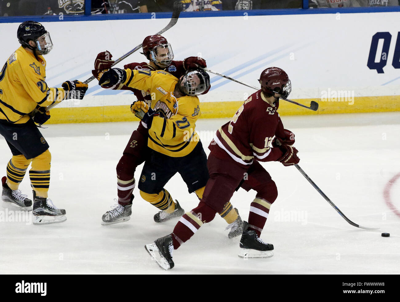 Tampa, Florida, USA. 7th Apr, 2016. DOUGLAS R. CLIFFORD.Boston College Eagles forward Colin White (18), center, offends Quinnipiac Bobcats defenseman Kevin McKernan (27) in the neutral zone during the first period of Thursday's (4/7/16) semifinal game during the 2016 Frozen Four live from Amalie Arena in Tampa. © Douglas R. Clifford/Tampa Bay Times/ZUMA Wire/Alamy Live News Stock Photo