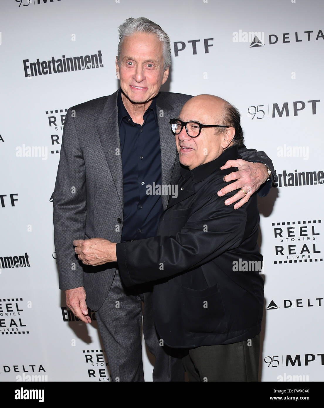 Hollywood, California, USA. 7th Apr, 2016. Michael Douglas & Danny DeVito arrives for the 5th Annual Reel Stories, Real Lives Benefiting MPTF at Milk Studios. Credit:  Lisa O'Connor/ZUMA Wire/Alamy Live News Stock Photo