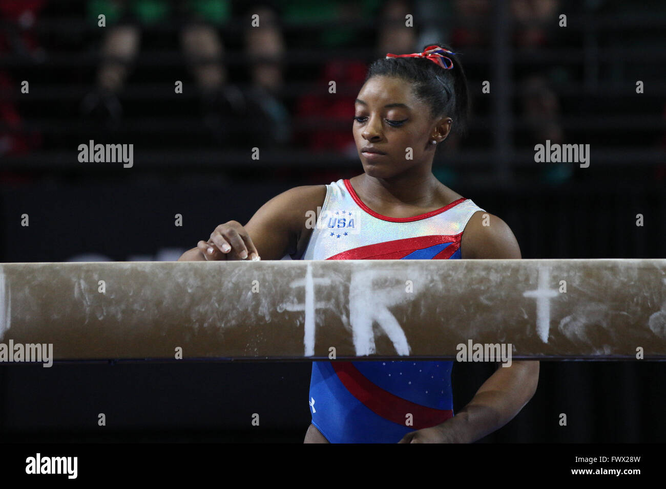 Everett, Washington, USA. 7th Apr, 2016. Gymnast Simone Biles trains on the balance beam at the Pacific Rim Gymnastics Championships in Everett, Washington. Melissa J. Perenson/CSM/Alamy Live News Stock Photo