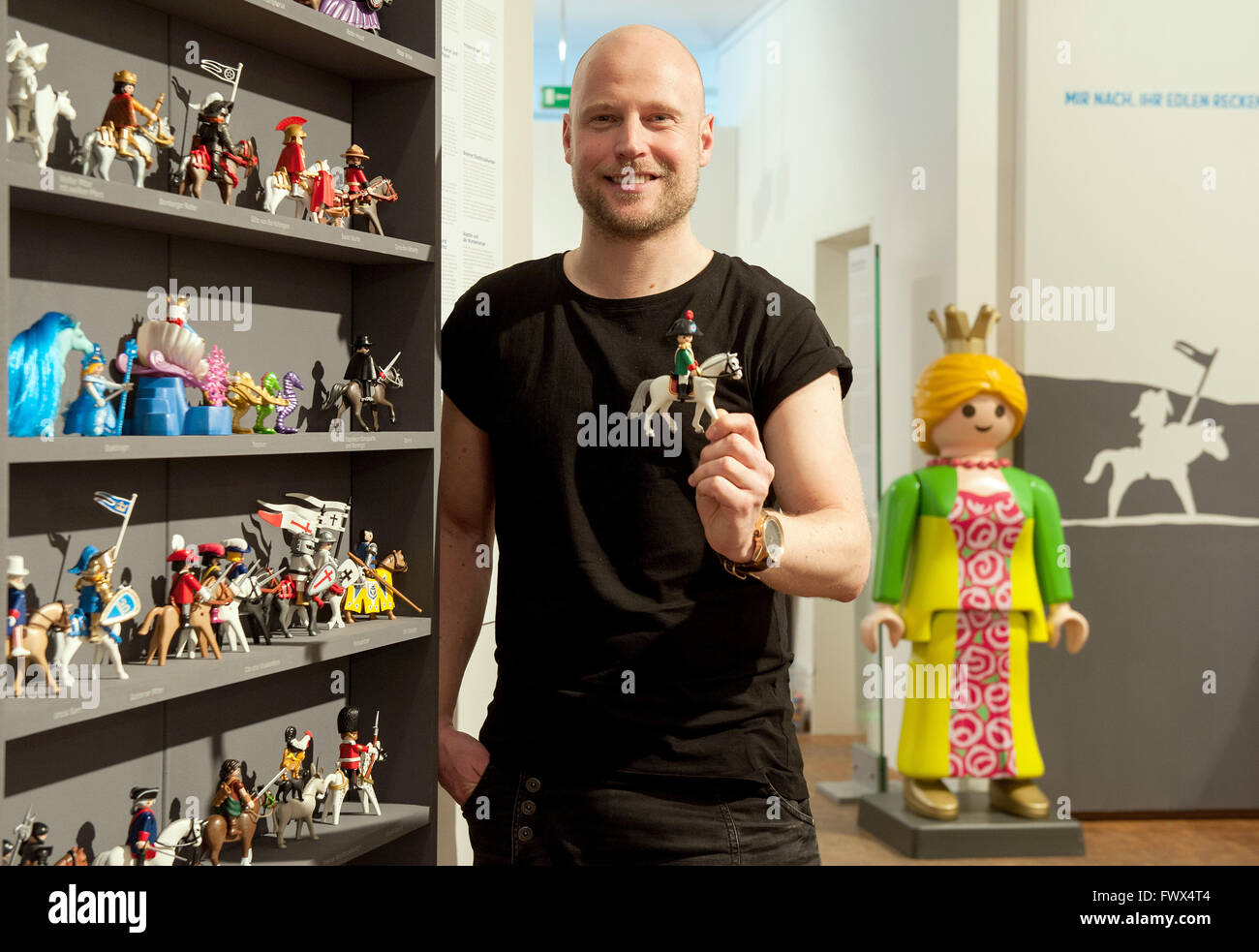 Verden, Germany. 8th April, 2016. Hamburg-based Playmobil collector and  exhibition designer Oliver Schaffer presents his new exhibition 'Playmobil  - Horse Stories. The Oliver Schaffer Collection' in the German Horse Museum  in Verden,