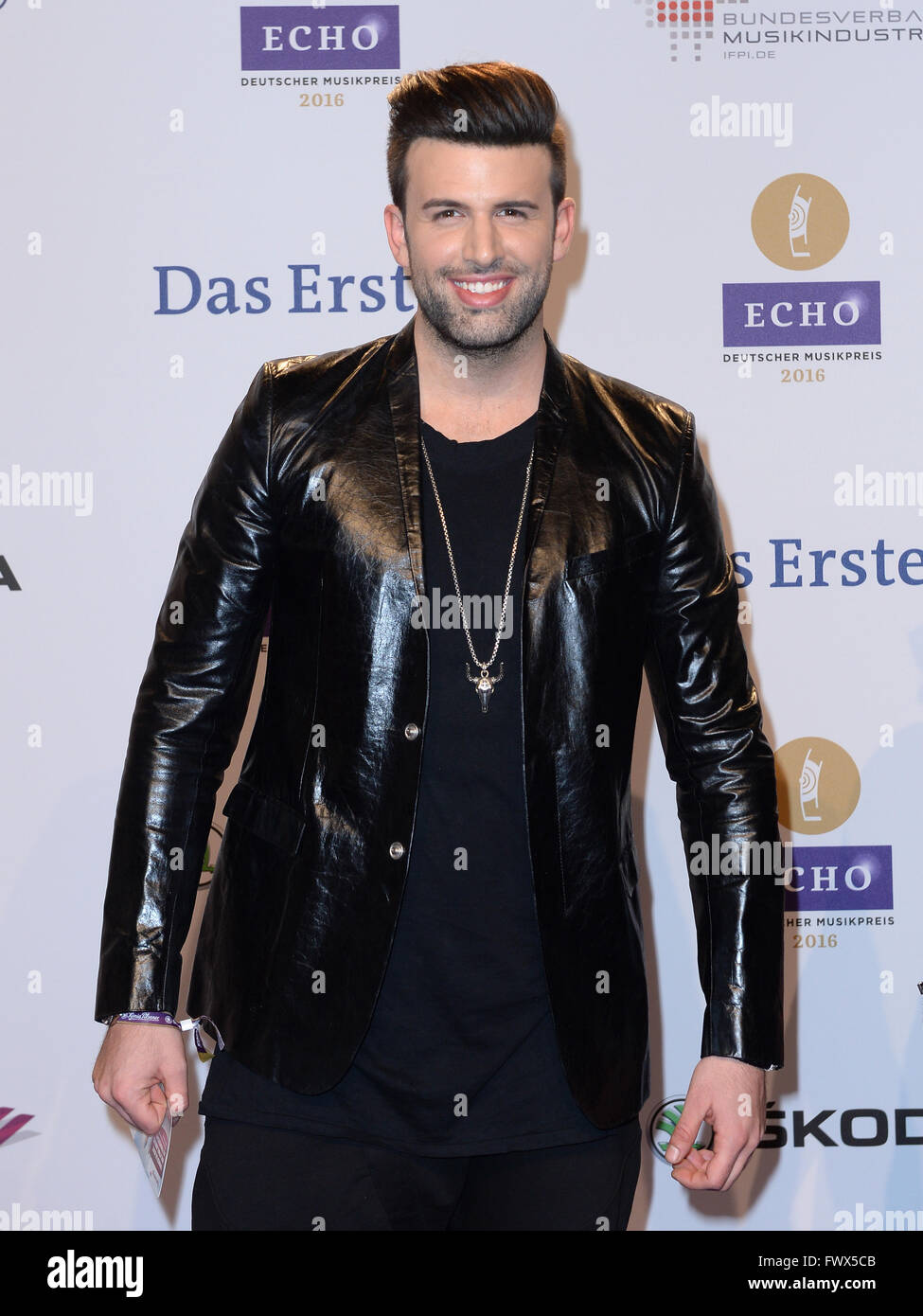 Berlin, Germany. 07th Apr, 2016. British pop singer Jay Khan arrives to the  25th Echo music award ceremony in Berlin, Germany, 07 April 2016. The  awards are presented in 31 categories. Photo: