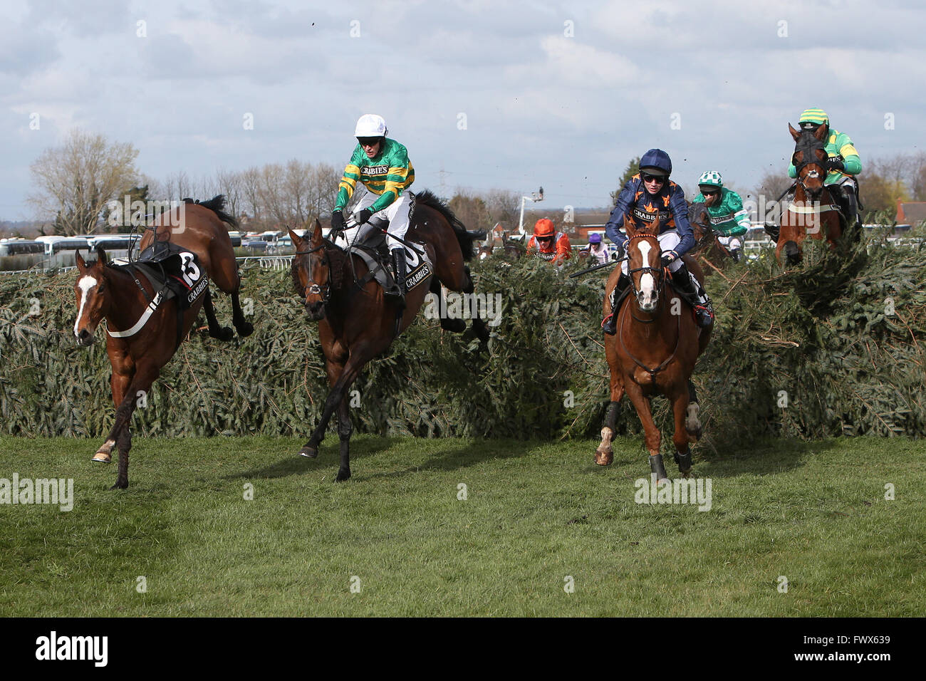 Aintree, Liverpool, UK. 08th Apr, 2016. Crabbies Grand National Festival Day 2. Eastlake ridden by Barry Geraghty and Fairy Rath ridden by Tom Cannon competing for the lead at the final fence. Credit:  Action Plus Sports/Alamy Live News Stock Photo