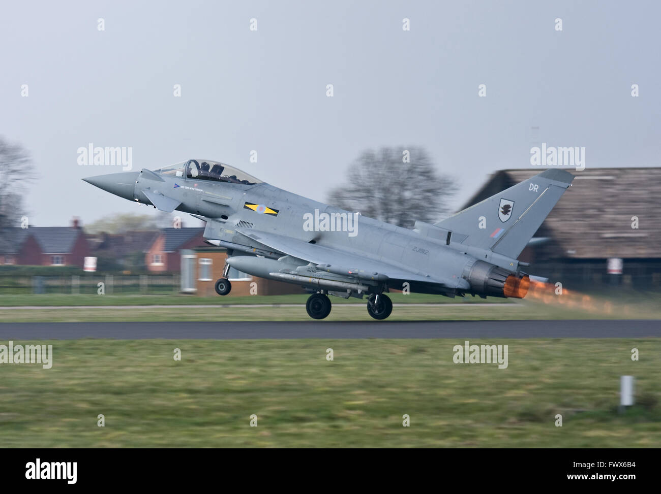 Coningsby, UK. 8th April 2016. RAF Typhoon jets are  scrambled and go supersonic for an intercept over Wales. Stock Photo