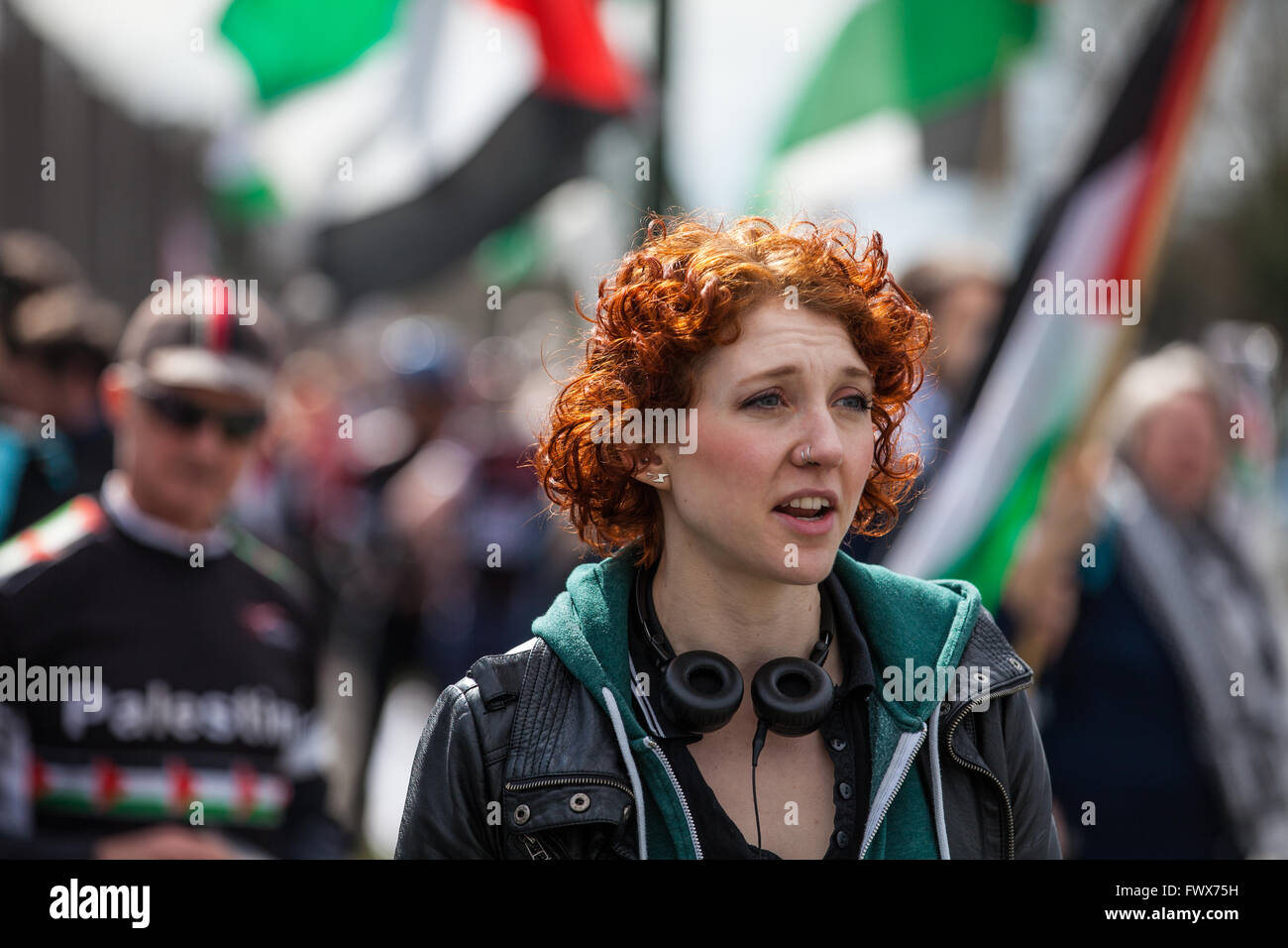 Crawley, UK. 8th April, 2016. Kat Hobbs of Campaign Against The Arms Trade  outside the Thales arms factory in Crawley during a protest against the  company's joint venture with Israeli arms company