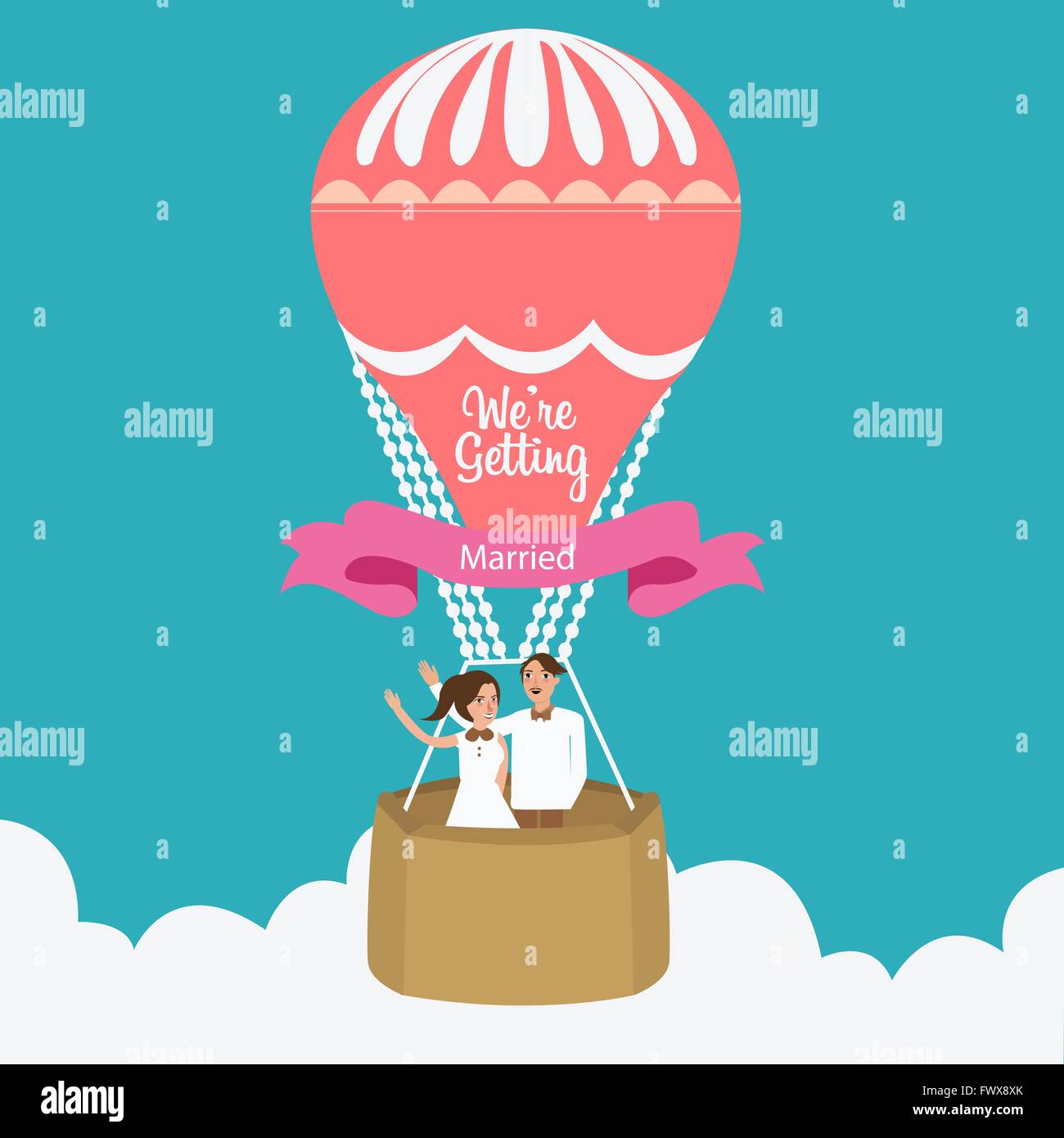 couple we are married flying hot air balloon vector flat illustration ...