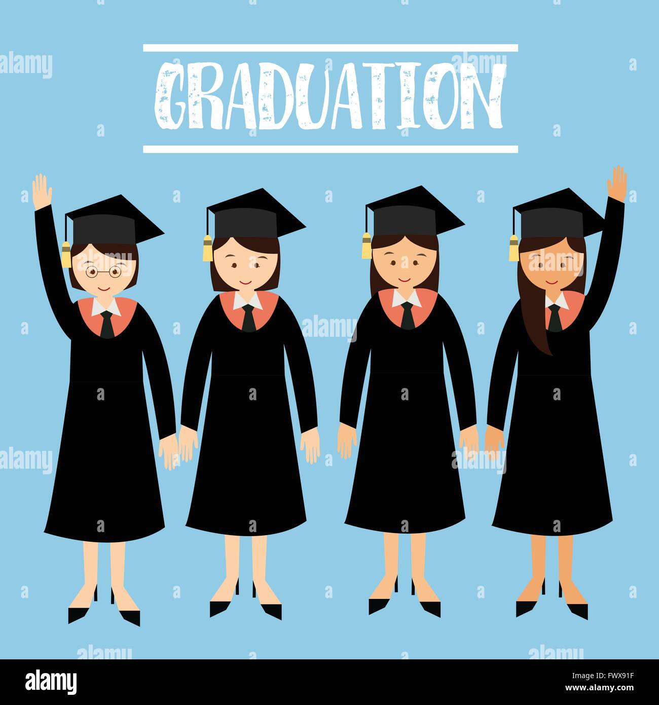 graduation university student girls wear cap hat Stock Vector